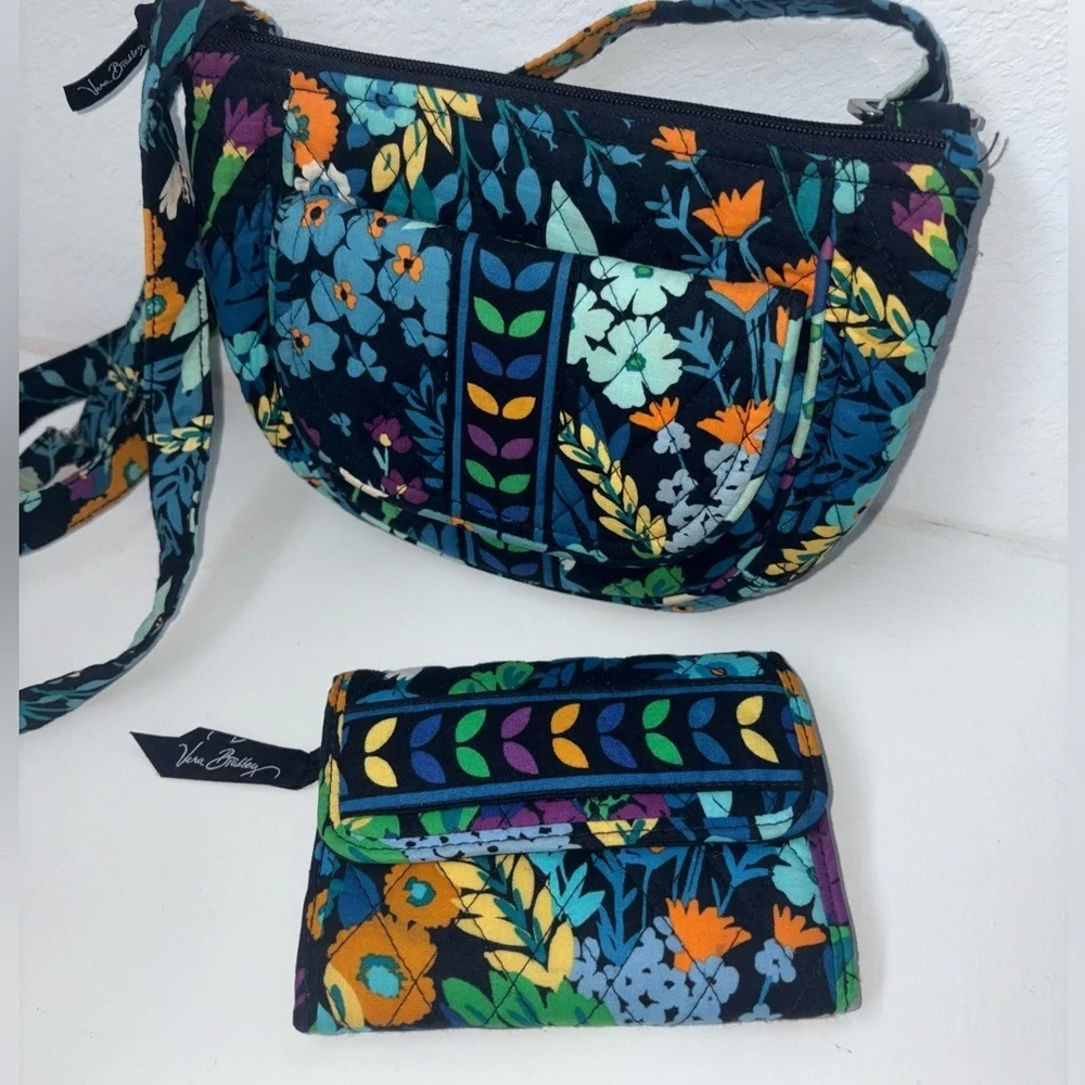 Vera Bradley Midnight Blues Lizzy Crossbody and Matching Trifold Wallet Set